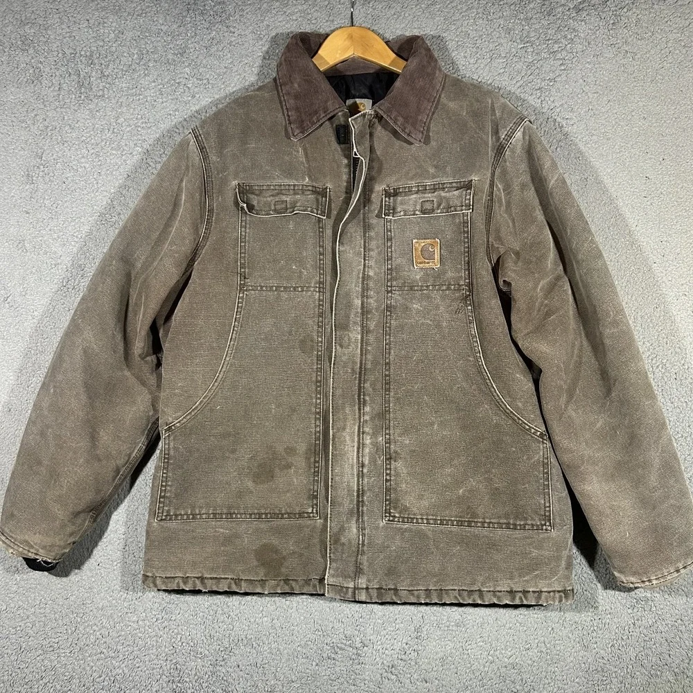 VINTAGE Carhartt Jacket Mens Large Brown Duck Quilt Lined Corduroy Collar C26CHT